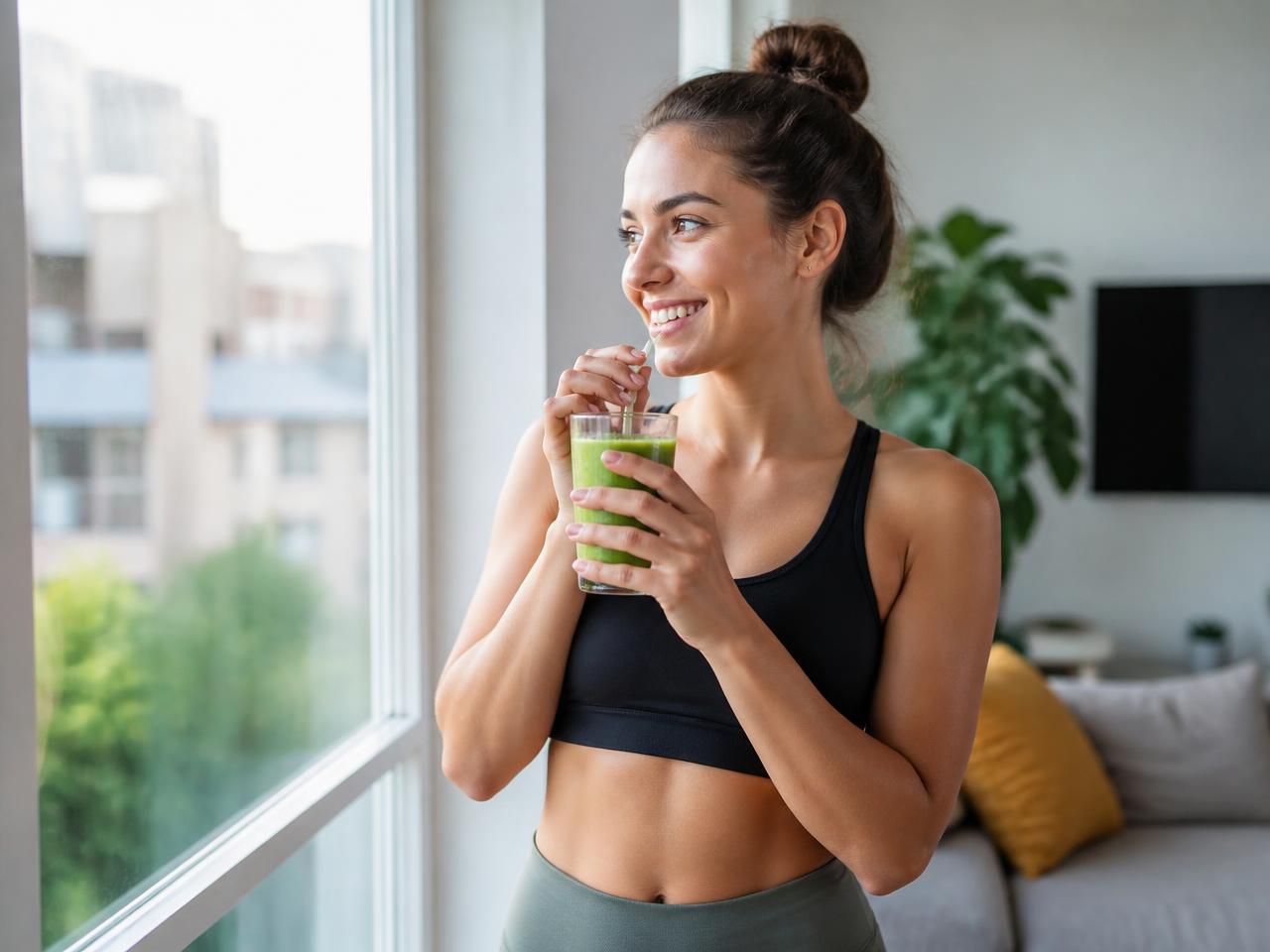 Mujer adulta disfrutando de un batido en casa