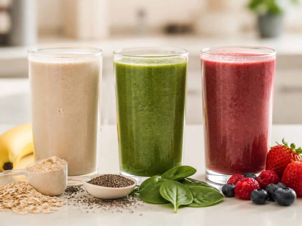 Tres batidos preparados con distintos ingredientes